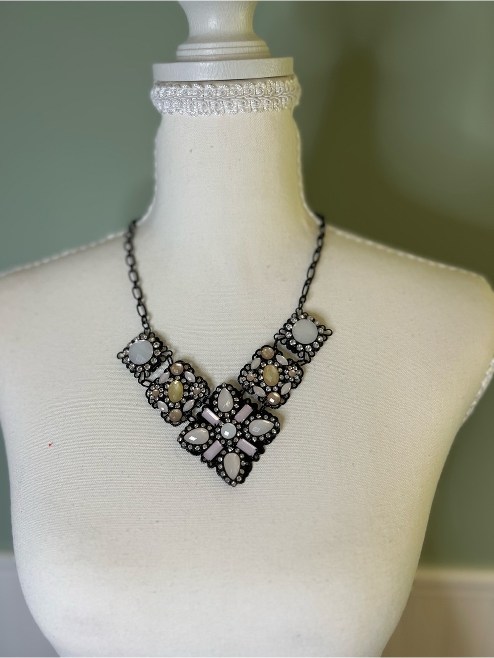 Statement White & Black Floral Gem Bib Necklace